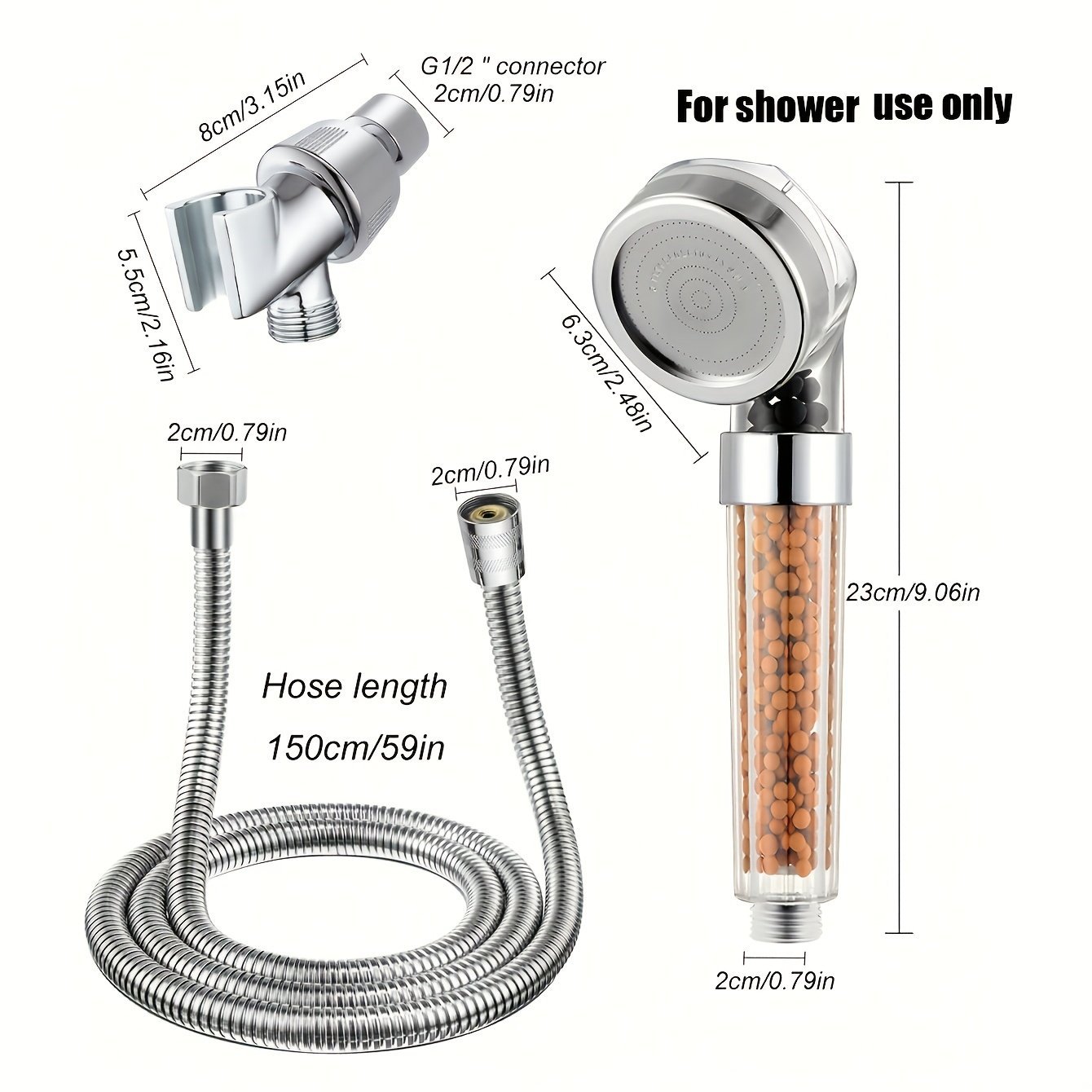 3pcs Handheld Shower Filter Set with Stainless Steel Hose & Holder